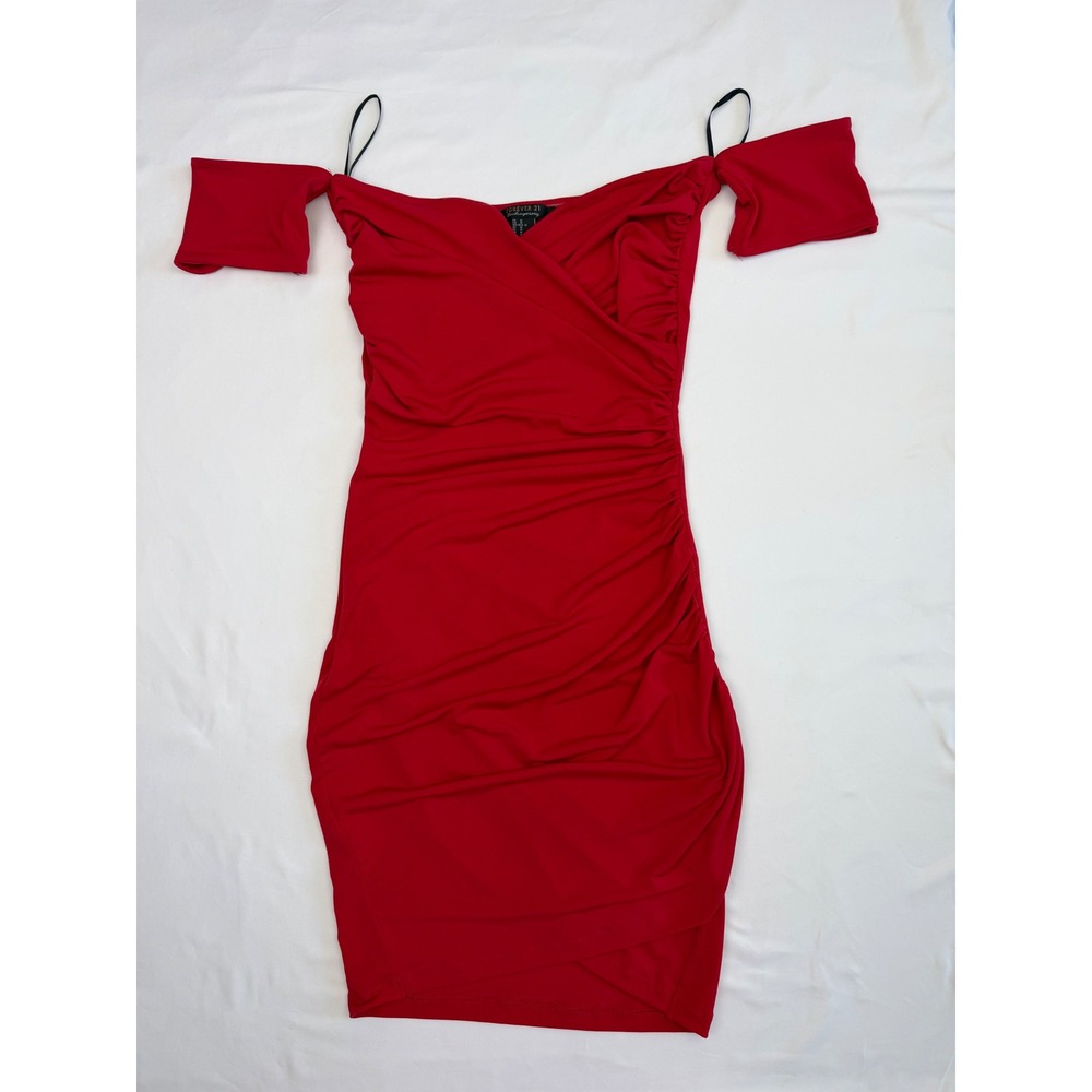 Forever 21 Contemporary Red Off Shoulder‎ Ruched Bodycon Dress Medium